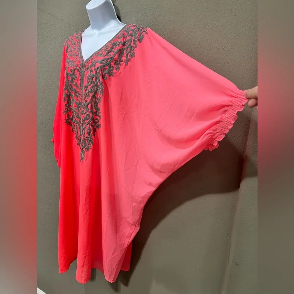 Natural Impressions Pink Hombre Embroidered Kimono Swim Cover Dress One Size
